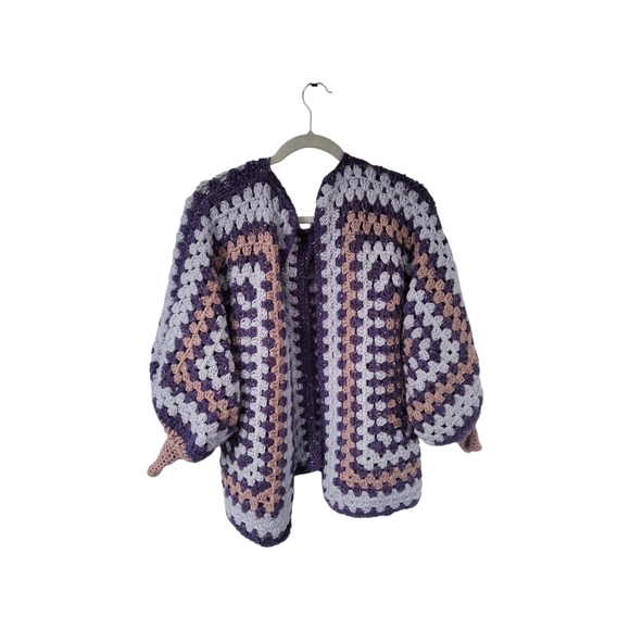 Vintage Sweaters - Vintage Purple and Pink Crochet Cardigan